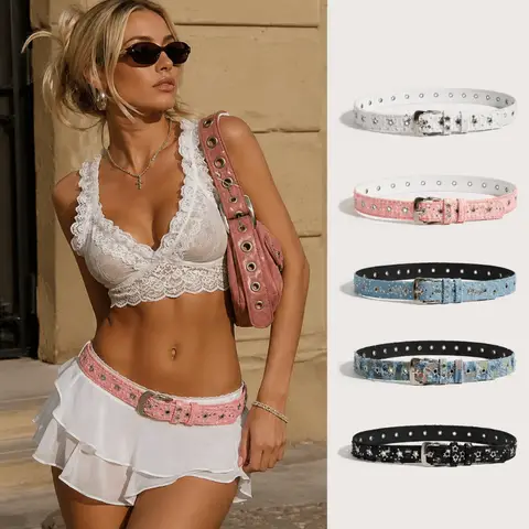 Vintage Pin Buckle Canvas Denim Waist Belt Sequins Decoration Adjustable Cowgirl Belt All-match PU Leather Belt Jeans Pants
