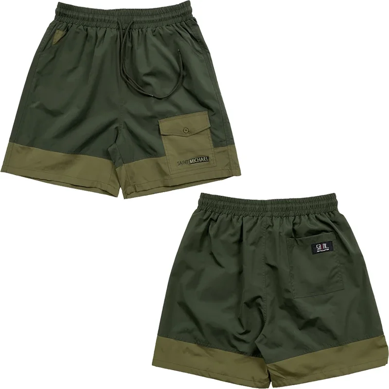 25SS New Army Green Saint Embroidered Logo Sports Shorts American Patchwork Cargo Drawstring Shorts Summer Beach Casual Shorts