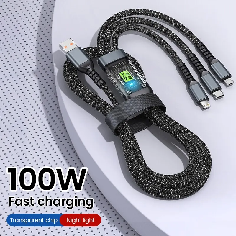 3-in-1 100W 5A hızlı şarj USB tip-c mikro hızlı şarj kablosu iPhone 14 13 Samsung Xiaomi Huawei iPhone 14 13