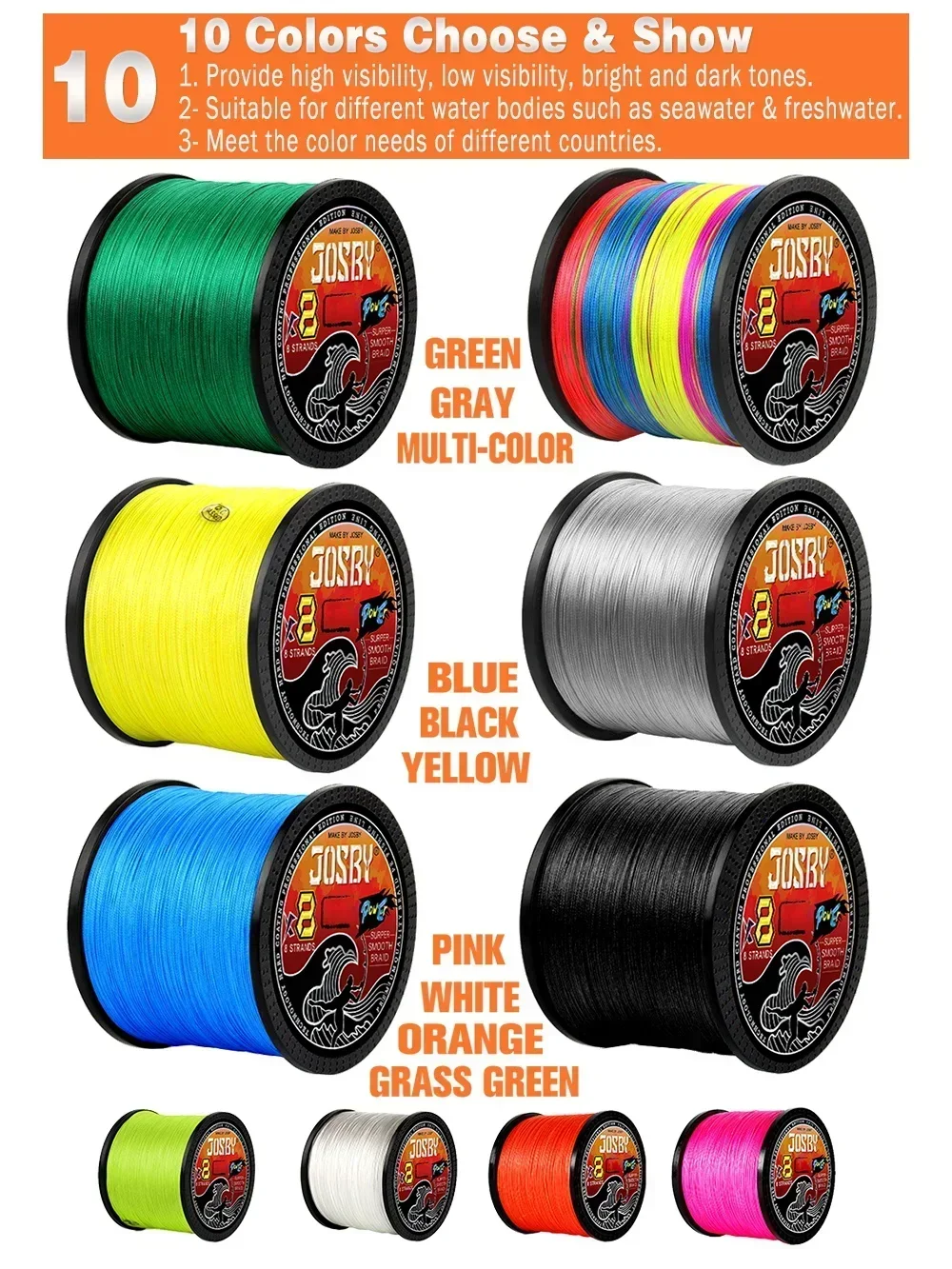 JOSBY 8 Strands Abrasion Resistant Braided Fishing Line 100M 300M 500M 1000M Max Drag 80lb Pe Multifilament Carp Wire Pesca