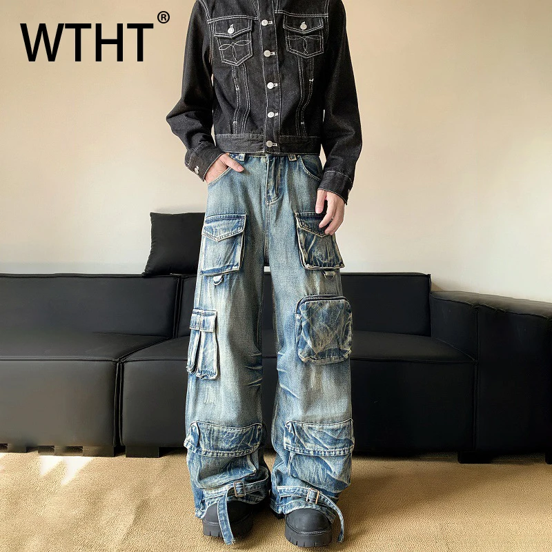 

WTHT модные мужские лоскутные джинсовые брюки с большими карманами, винтажные широкие прямые джинсы, мужские осень 2023, 2A2427