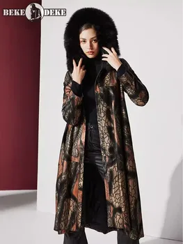 Hohe Qualität Frauen Schaffell Echt Leder Gedruckt Langen Mantel Lose Luxus Fuchs Pelz Kragen Mit Kapuze Warme Winter Gepolsterte Liner Jacke