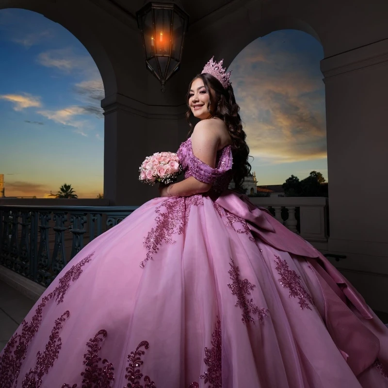 Pink Shiny Quinceanera Dress Off The Shoulder Mexican Vestidos De 15 Princess Sweet 16 Birthday Party XV Ball Gown Cinderella