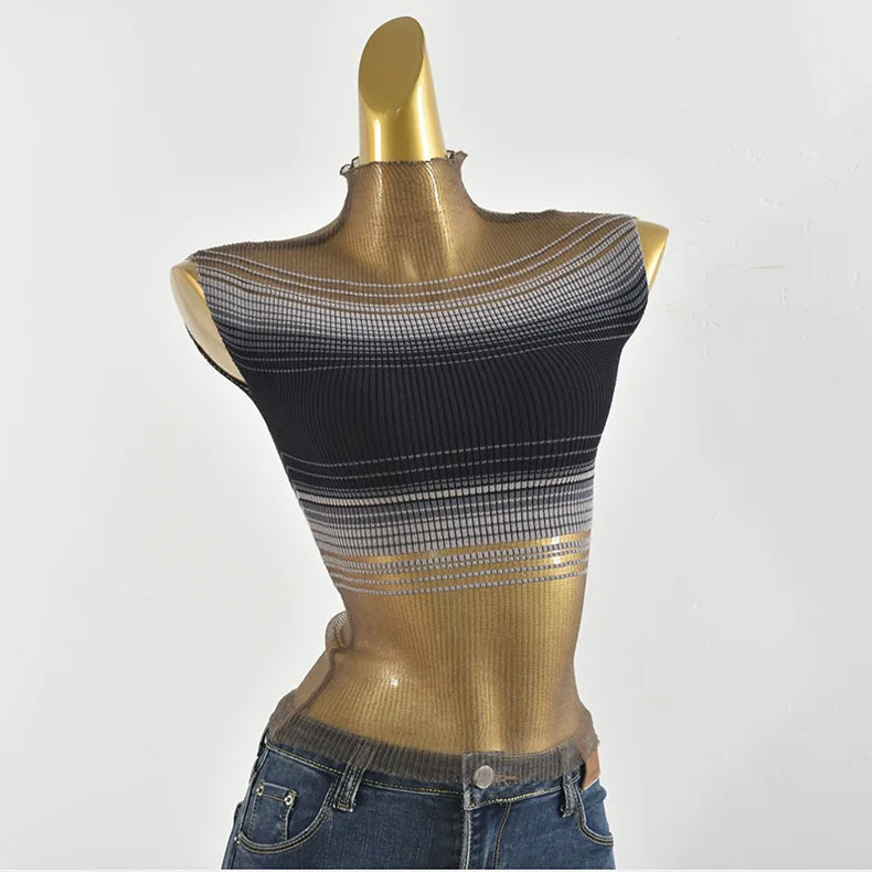 Spicy Girl Gradient Stripe Mesh Splice Knitted Top Women Summer Half High Collar See through Slim Fit Short Base Shirt