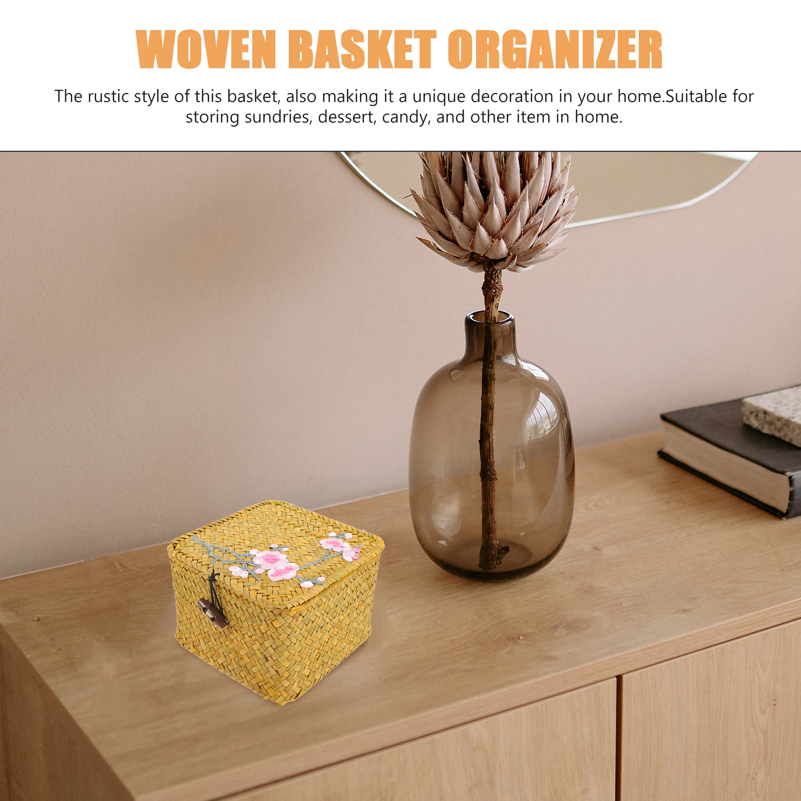 

Straw Storage Small Woven Basket Organizer Woven Organizer With Lid Vintage Handmade Ideal Picnic Bedroom Trays Storage