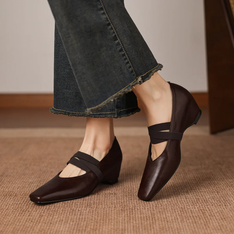 New Women's High Quality Ballet Flat Mary Jane Shoes Genuine Leather Increased Height Commuter Cross Band Style Versatile Shoes