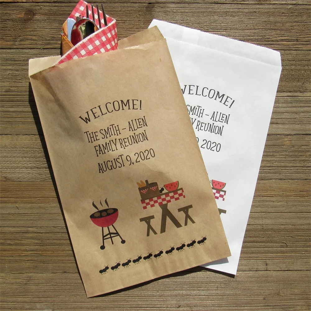 

50PCS Silverware bags for family reunion or summer family barbecue. Reunion utensil bags personalized with a barbecue theme.