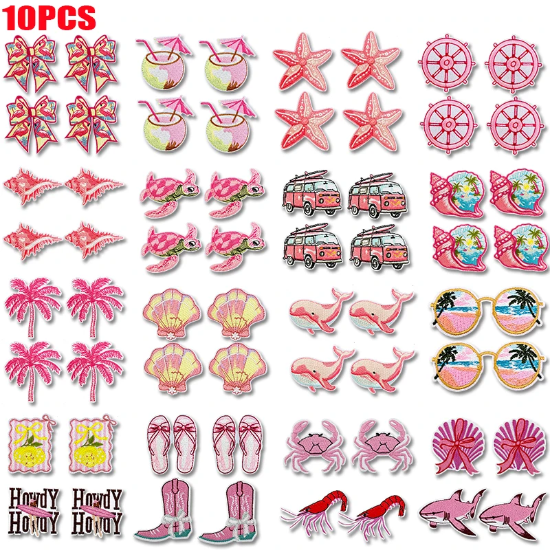 10PCS Pink Ocean Series Western Cowgirl Embroidered Patches Starfish,Dolphin,Turtle,Crab Patch Iron On Patches For Clothing DIY