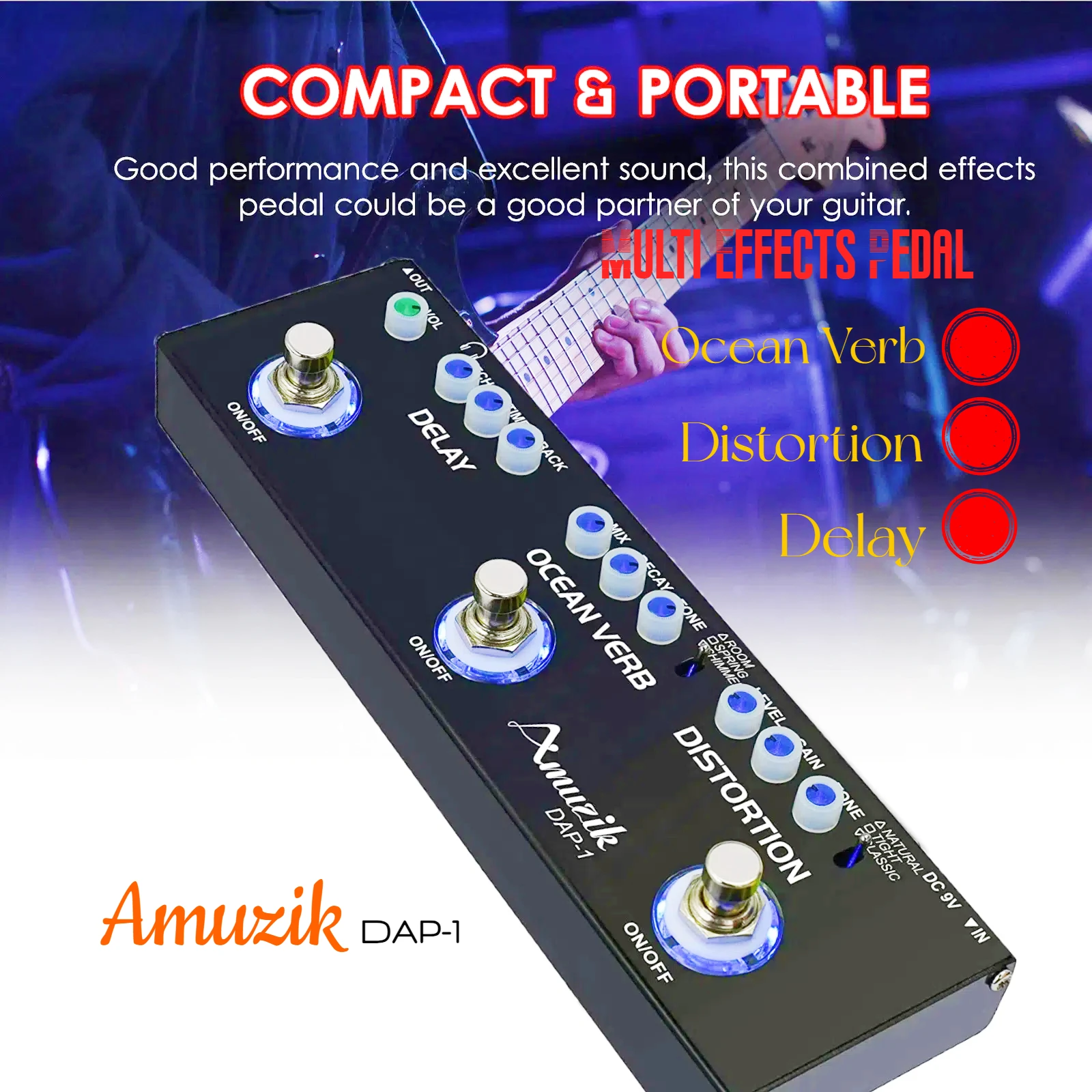 Amuzik-Multi Effect Electric Guitar Pedal Bass Effects 3-in-1 Analog Digital Mingle Delay Ocean Verb Distortion Effect DAP-1