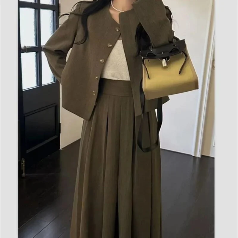 Women Fashion Dress Set 2024 Autumn Long Sleeve Round Neck Suit Jacket+pleated Half Midi Skirt Korean Fashion Two-piece Set