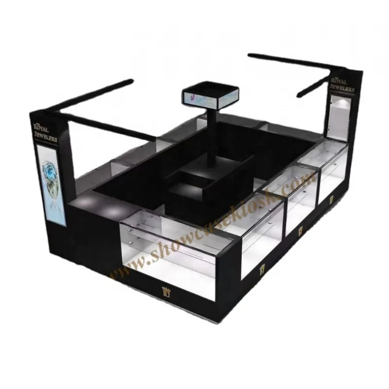 

custom，Custom Made Black Jewelry Showcase Counter Design for Mall Modern Wood Retail Jewelry Kiosk