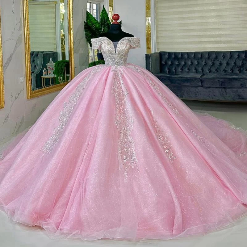 

Customized Pink Quinceanera Dresses Ball Gown Off The Shoulder Applique Lace Beading Tull Corset Party Birthday Sweet 16 Dress