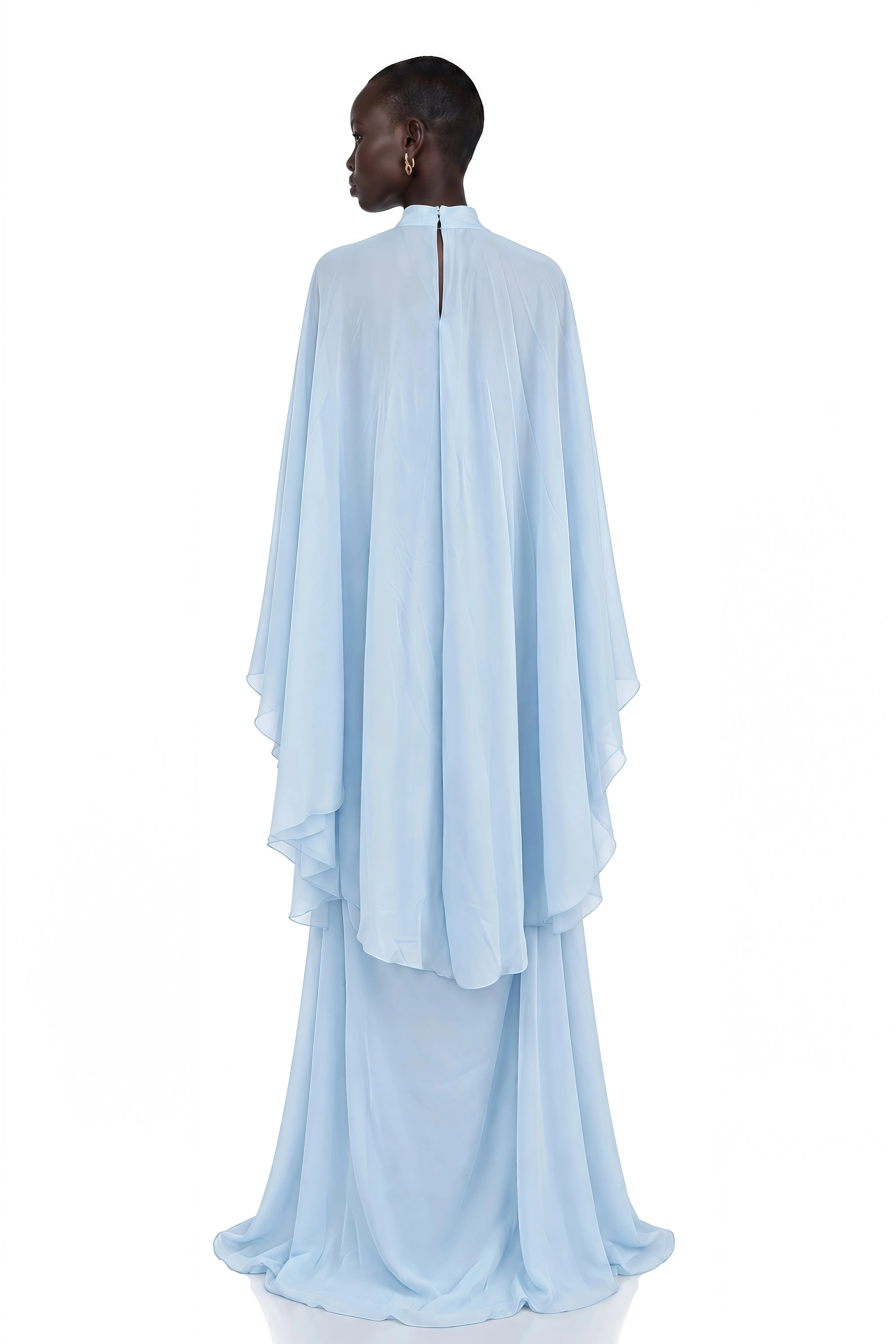 Light Sky Blue Chiffon Prom Dress High Neck Cape Sleeve Evening Dresses Draped Ruched Mermaid Evening Gown Customized