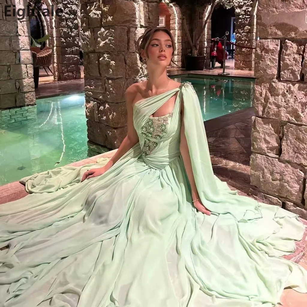 Eightale 2025 verde menta un hombro una línea de gasa Maxi vestido de noche Arabia Saudita vestido de fiesta Dubai vestido de fiesta personalizado