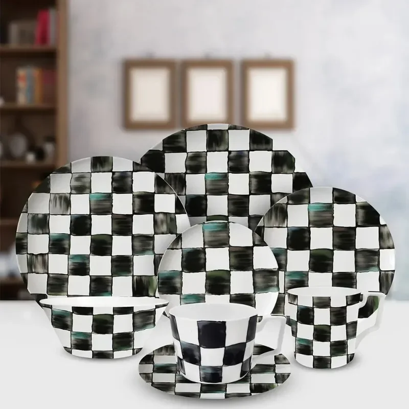 Glazed Western-style Dishes Creative Black-and-white Lattice Wedding Banquet Bone China Plate Flat Ceramic Tableware Vajillas