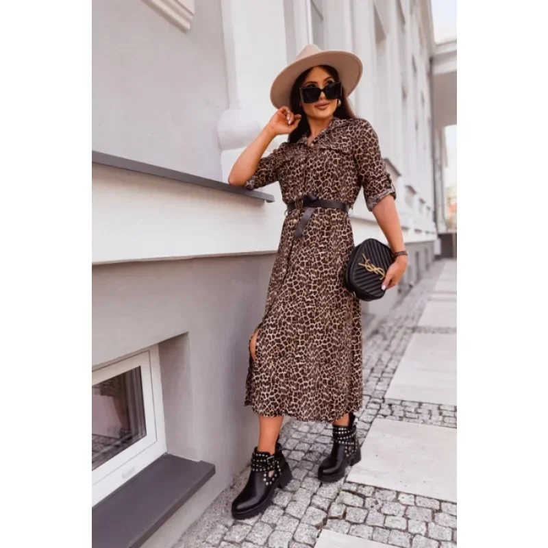Neue Damenmode Mittellanges Hemdkleid mit Leopardenmuster Damen Herbst Lässiges, vollärmeliges, knielanges Kleid