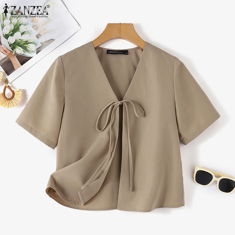 ZANZEA Women Fashion Tied Front Cardigans V-Neck Short Sleeve Solid Color Lace-Up Tops Summer Casual Commute Woman Clothes 3XL view 4