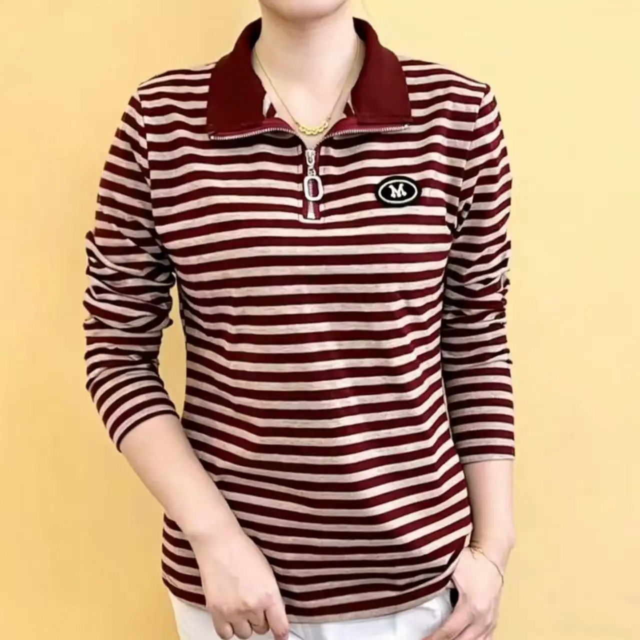 High-End Long Sleeve  Neck T-Shirt Casual Striped Breathable Women's Fashion Autumn Spring Thinming Versatile Basic Top