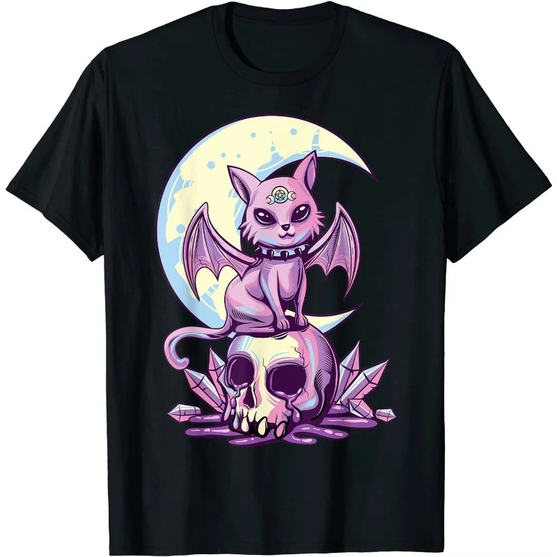 Pastel Goth Wiccan Cat Cute Creepy Witchy Cat and Skull T-Shirt Men Casual Cotton Tees Summer Black Oversized T Shirt 6xl