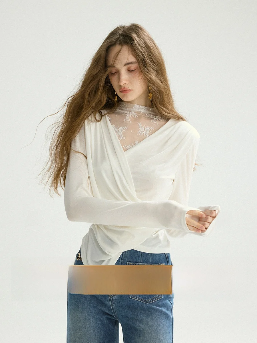 

Ele Long Sve V-Ne Women's Chiffon Blouse Inner Wear Base irt White Color Spring Faion Design Sense Base irt