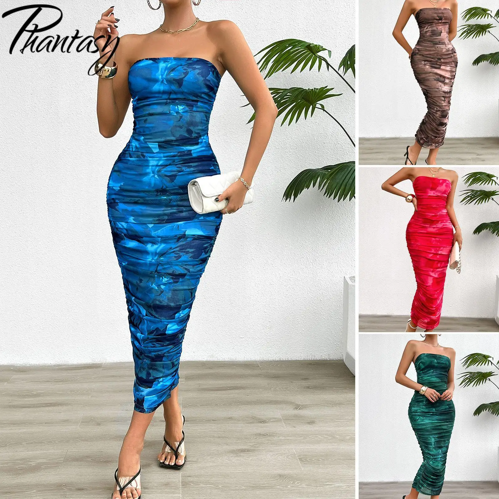 

Phantasy Bohemian Strapless Long Dress Slim Backless Sexy Beach Vacation Female Dress Party Outfit Summer Casual Streetwear