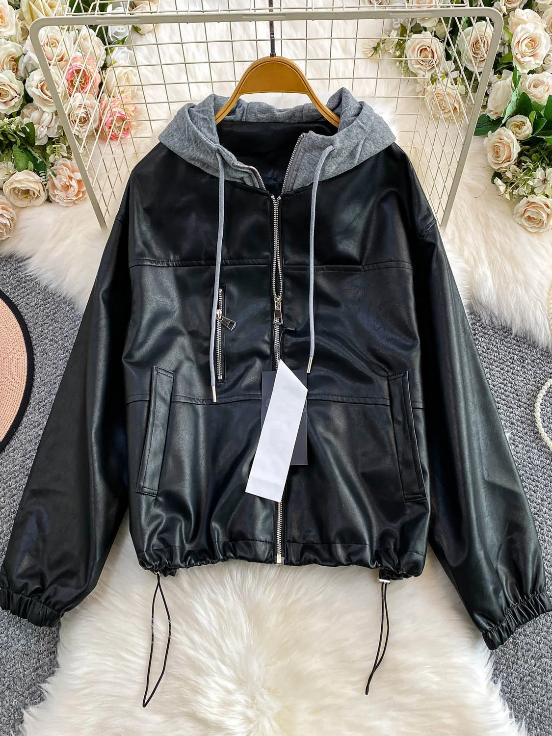 プレミアムブラウンPUレザーバイカージャケット レディース ドローストリング ルーズフィット スプライスハットコート スリミング オートウェア カジュアル スタイル