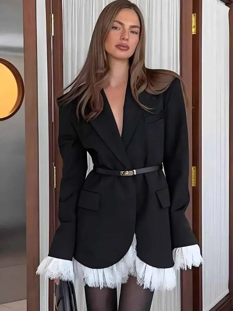 

Lace Patchwork Elegant Suit Jacket Women Loose V-Neck Full Sleeve Shoulder Pads Blazer Mini Dress 2025 Autumn Chic Outwear
