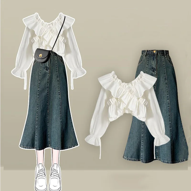 Spring Set Women\'s 2024 New Korean Design Cross Shirt Covering Meat and Slimming Denim Skirt Two-piece Set Skirt Sets Mini Skirt