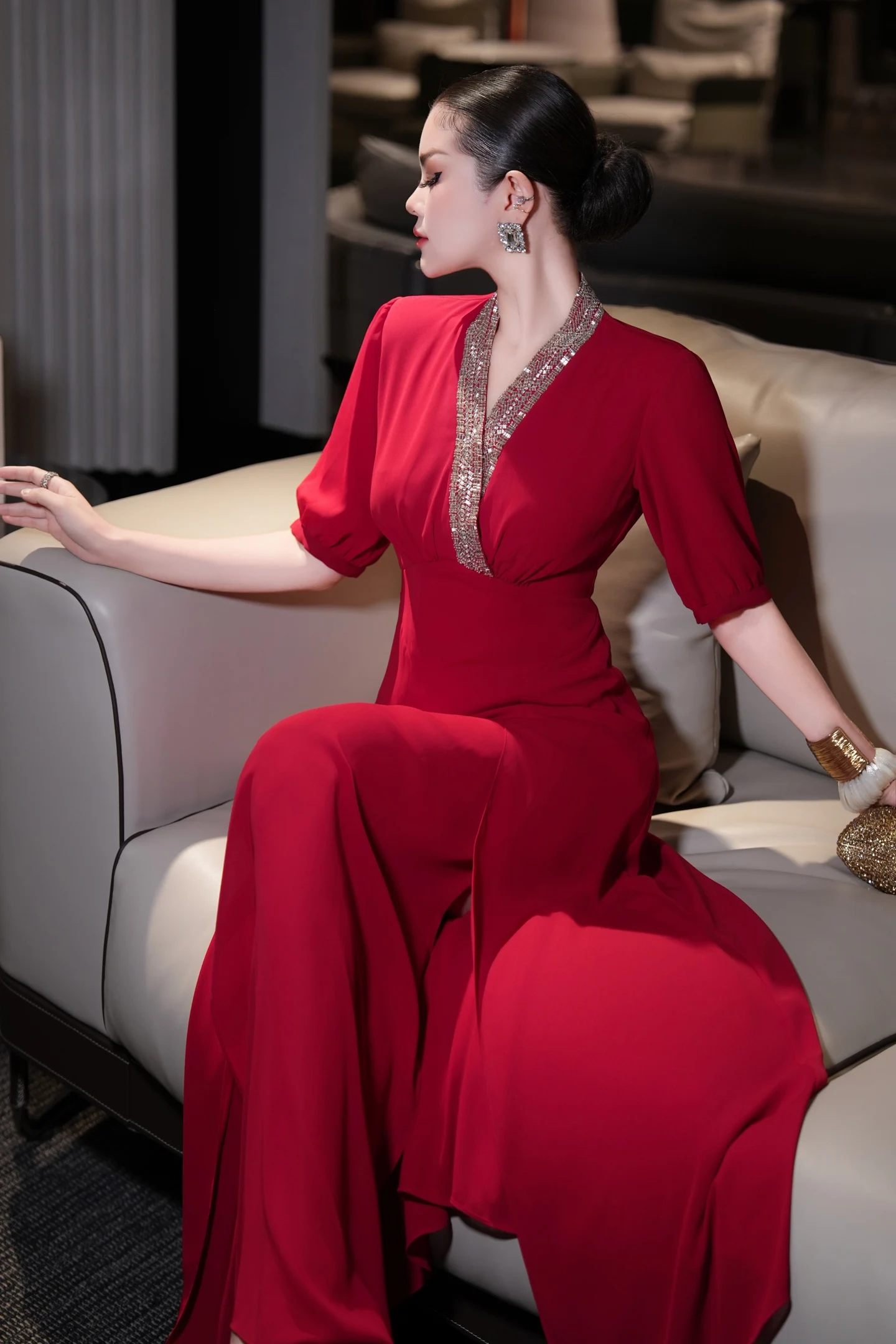 Meyyithun vestido feminino com decote em v frisado manga curta vermelho midi vestido formal sofisticado festa roupas femininas 1117m01