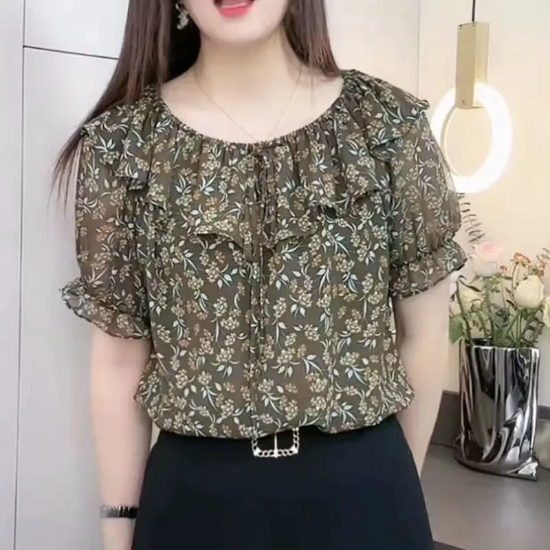 

Ruffled Chiffon Blouse with Summer New Fashion Floral Pattern Loose Short Sleeves