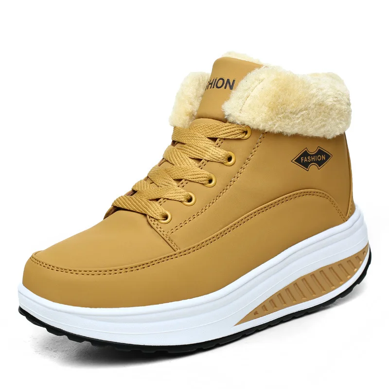 PU Cotton Shoes Woman Winter Boots Women Fur Plush Platform Sneakers Wedges Lace-up botas mujer Casual Warm Women Shoes WSH3420