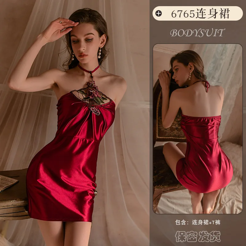 Sexy Antique Embroidered Cheongsam Halter Backless Satin Nightgown Chinese Ancient Traditional Lingerie Qiapo Role Play Uniform