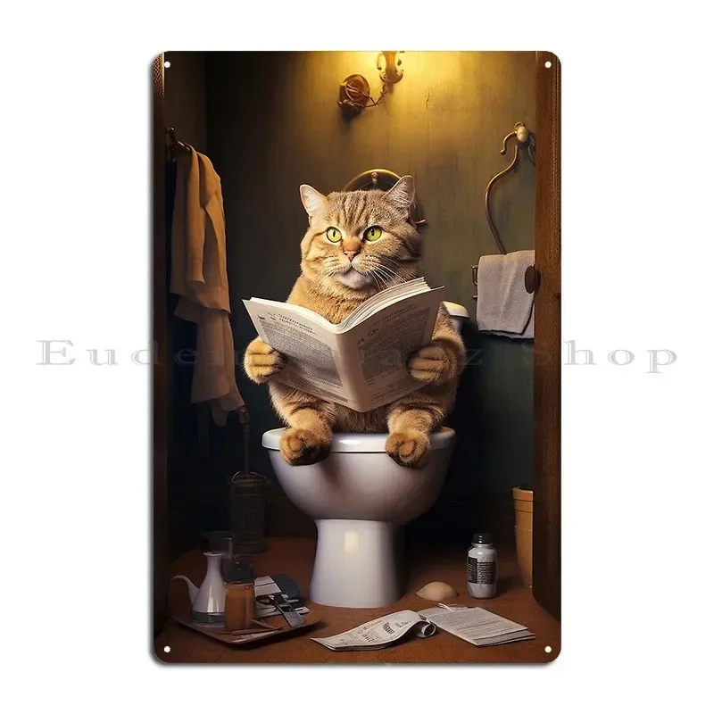 Cat In The Bathroom Sitting On Toilet 01 Metal Signs Cinema Cave Vintage Cinema Designer Tin Sign Poster