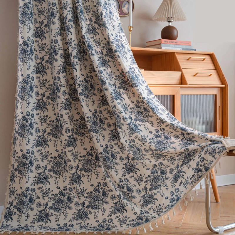 

Vintage Floral Curtains for Living Room Blue Printed Window Curtain French Linen Blend Rod Pocket Drapes with Tassel for Bedroom