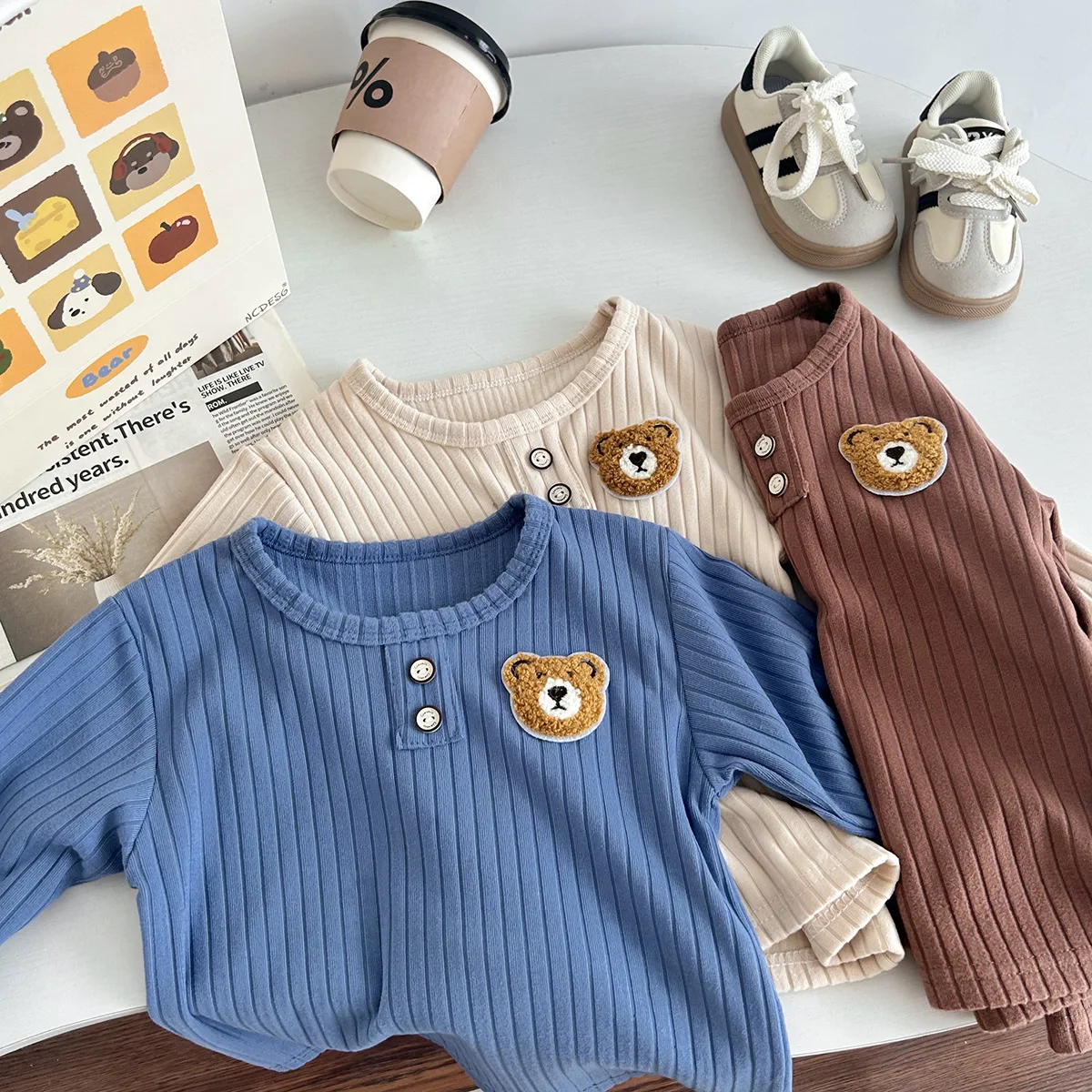 Autumn Casual Style Kids Long Sleeve O-Neck Top Bear Patch Solid Color Basic T-Shirt 1-6Y Soft Ribbed Children Blouse Tee
