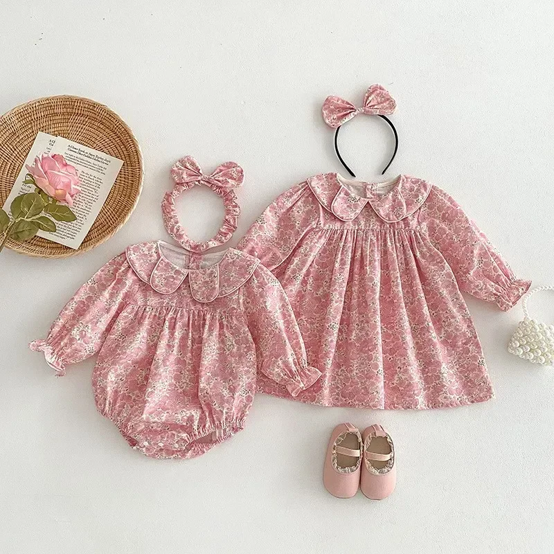 2024 Girls Baby Cotton Flowers Dresses/rompers+bow Headwear Toddlers Kids Birthday Princess Dresses Vestidos Body Clothes