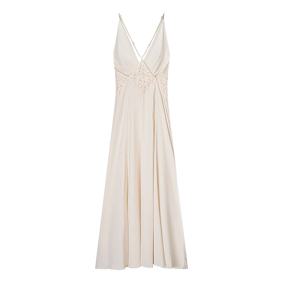 KEYANKETIAN 2025 ฤดูร้อนใหม่ Hollow OUT Patchwork Backless สปาเก็ตตี้ซาติน MIDI ชุดเดรสสไตล์ฝรั่งเศสผู้หญิงชุดยาว