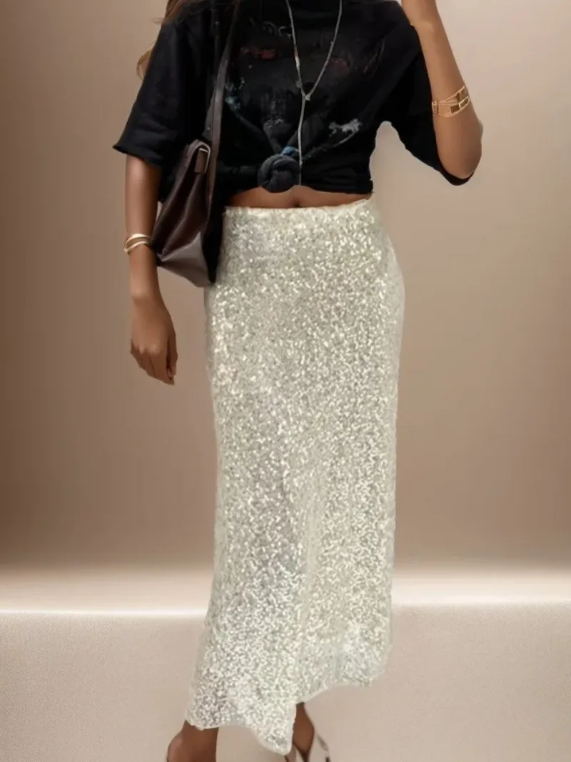 

Autumn Temperament A-line Sequins Long Skirts for Women 2025 New Women Fashion Slim-fit Beadle Midi Dress Elegant Female Skirts