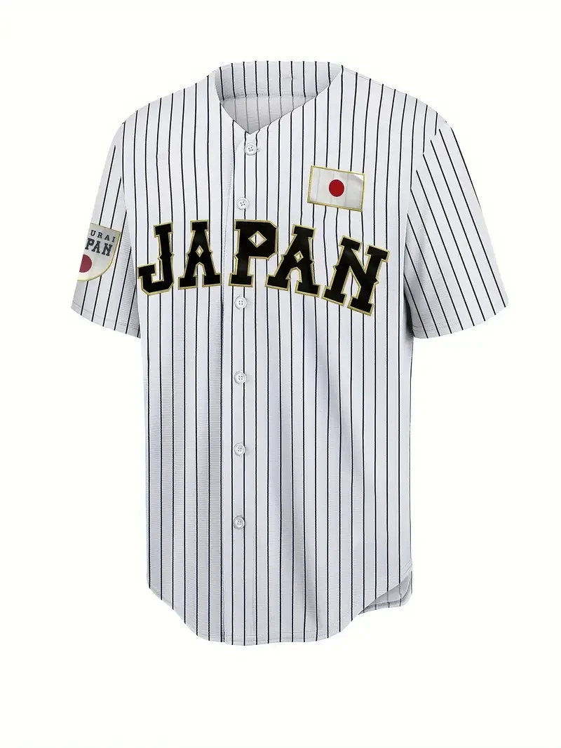 2024 New Men's Stripe Print # JAPAN 16 Embroidered Retro Casual Breathable Loose Short Sleeve Button Baseball Jersey Training We