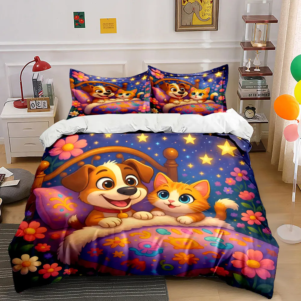 

Dog and cat on cozy night Print Bedding Set 1 Duvet Cover 2 Pillowcases for Adult and Children Luxury Gift Full Size