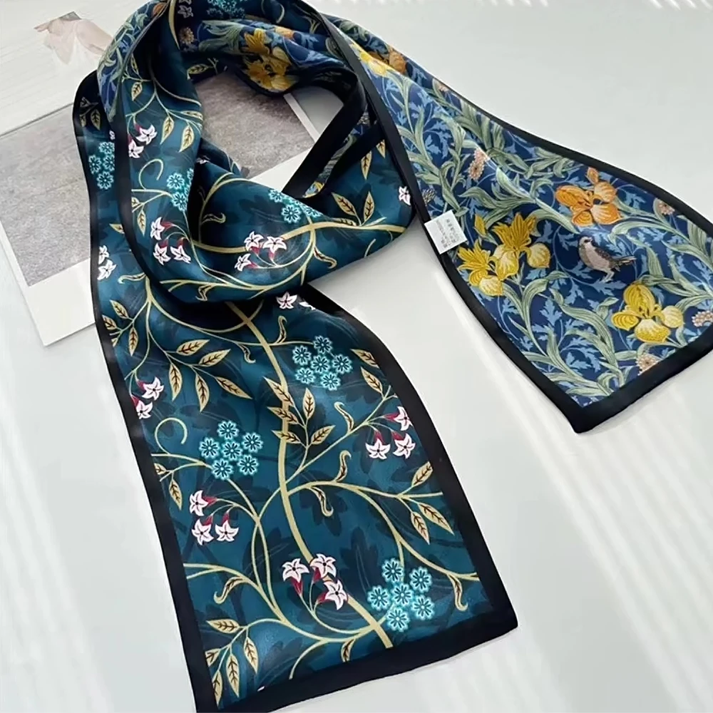

BYSIFA|New Blue Yellow Long 100% Mulberry Silk Scarf Headband Spring Summer Fashion Floral Silk Ribbons Scarves Floulard Printed