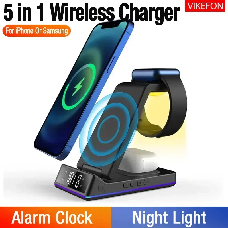 5 in 1 Folding Wireless Charger Stand LED Light For iPhone 16 15 14 13 Samsung Galaxy Watch iWatch Airpods Fast Charging Station