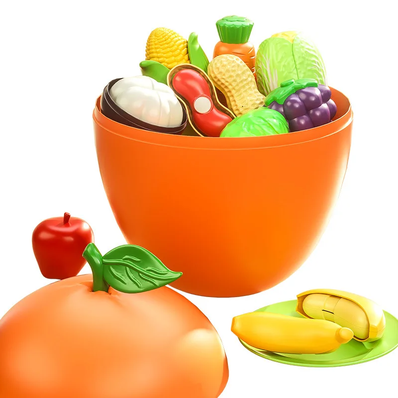 

Customized fun playhouse toys Fruit cutting music Kitchen cutting vegetables Fruit and vegetable baby Big orange storage bucket