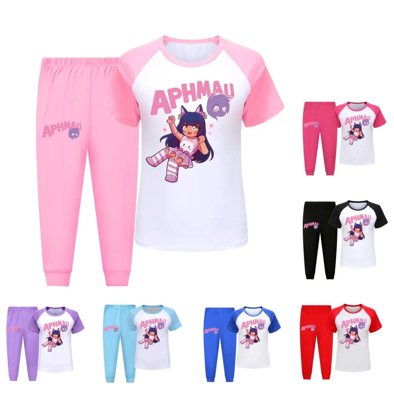 

Kawaii APHMAU Costume Kids Cartoon Pyjamas Baby Girls 2024 Summer Short Sleeve T Shirt Pants 2pcs Sets Teenager Boys Sleepwear