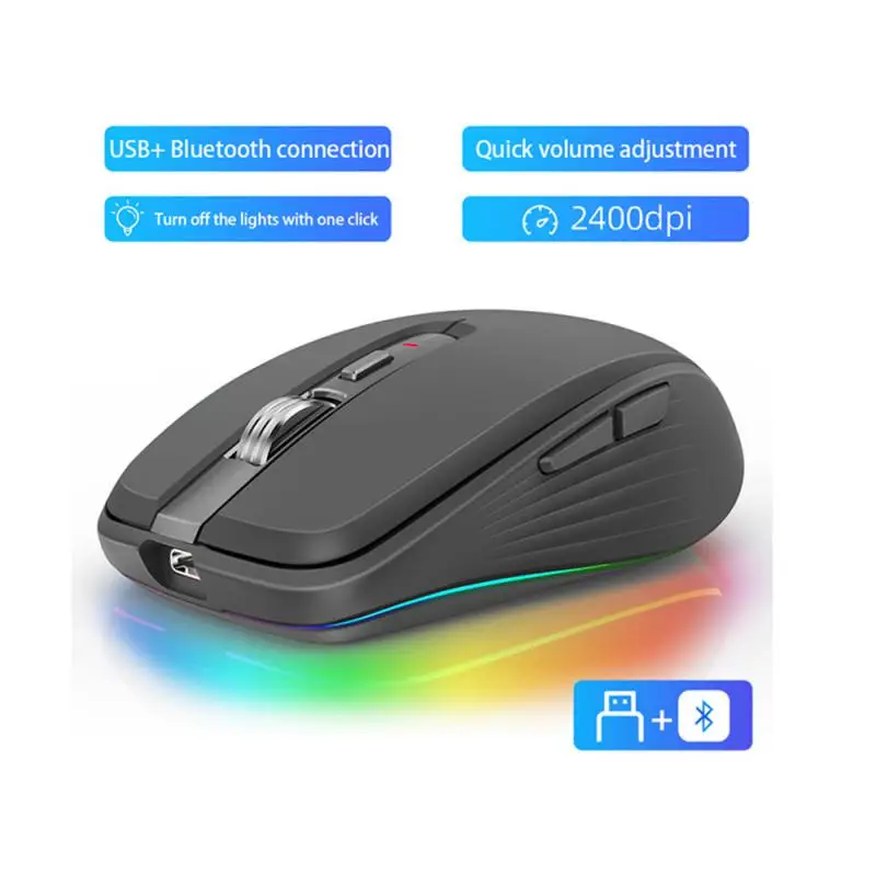 Mouse recarregável sem fio para gamers, modo duplo, mudo, portátil, rgb, ajustável