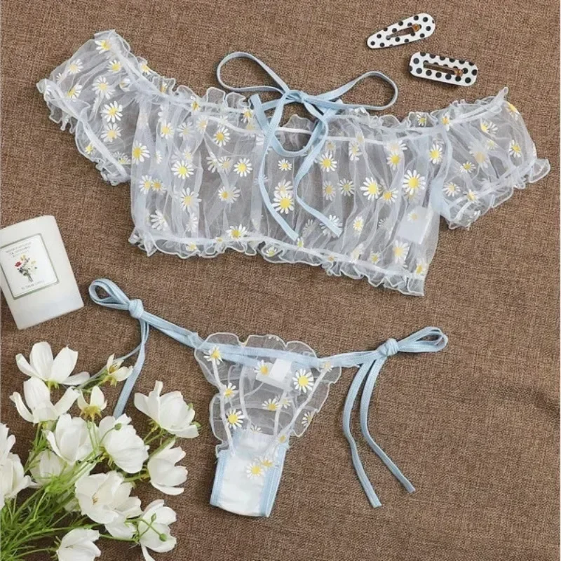 Sexy Women\'s Underwear Lace Floral Wire Free Lingerie Set Off-Shoulder Small Chest Bralette+Thong  Beachwear Transparent Bra Set