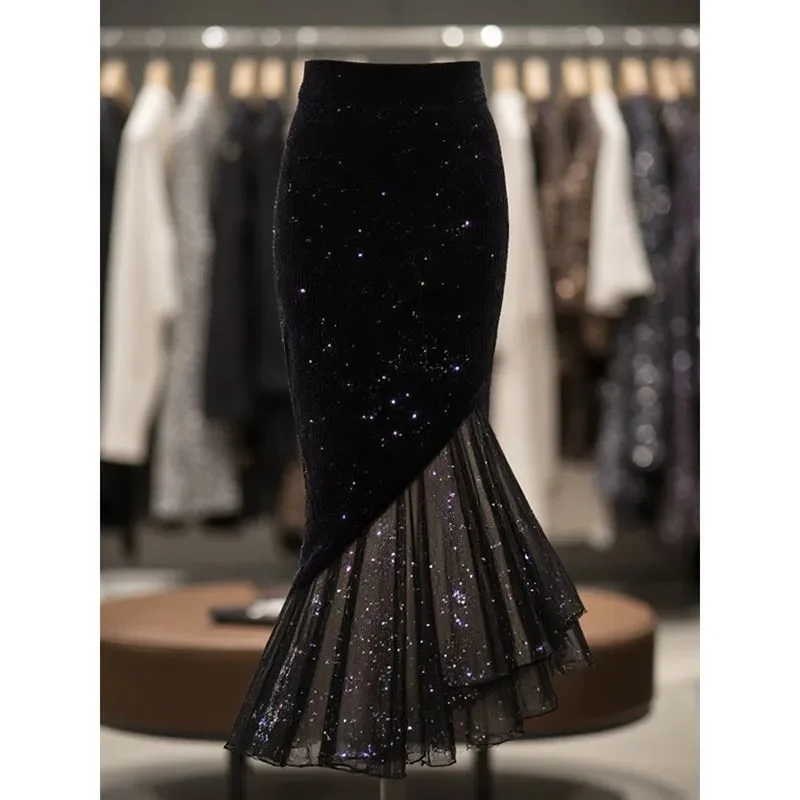 

New Autumn Velvet Mermaid Skirt Women Fashion Lace Splicing High Waist Elegant Party Skirts Slim Wrapped Hip Jupe