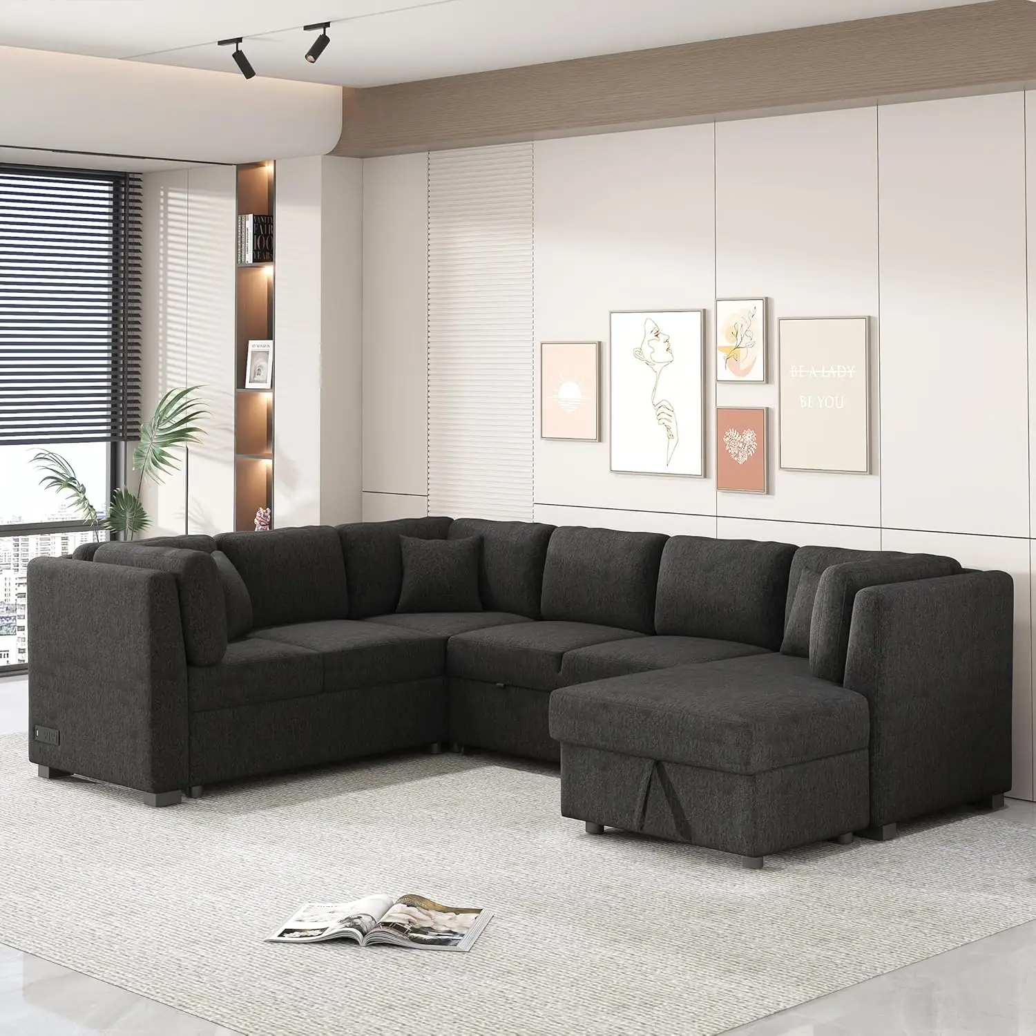 

U-Shaped Large Sectional Sofa Pull Out Sofa Bed with USB Ports & Power Sockets, Sleeper Sofa Couch with Storage Chaise