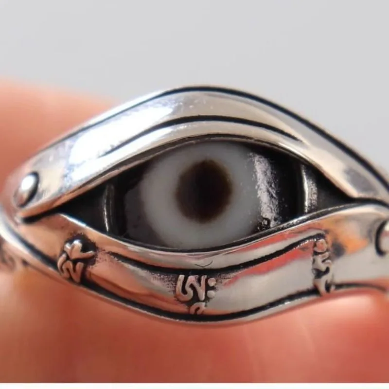 Vintage Tibetan Open Ring, Copper Alloy Silver Plated, Fine Carved Inlaid Dzi Bead Buddha Eye Retro Personality Jewelry