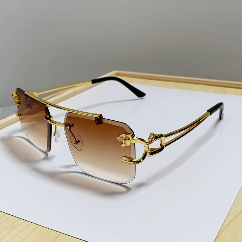 Universal Metal Frameless Square Retro Double Bridge Street Handsome Leopard Y2K Hot Girl Fashion Aviator Sunglasses for Men and